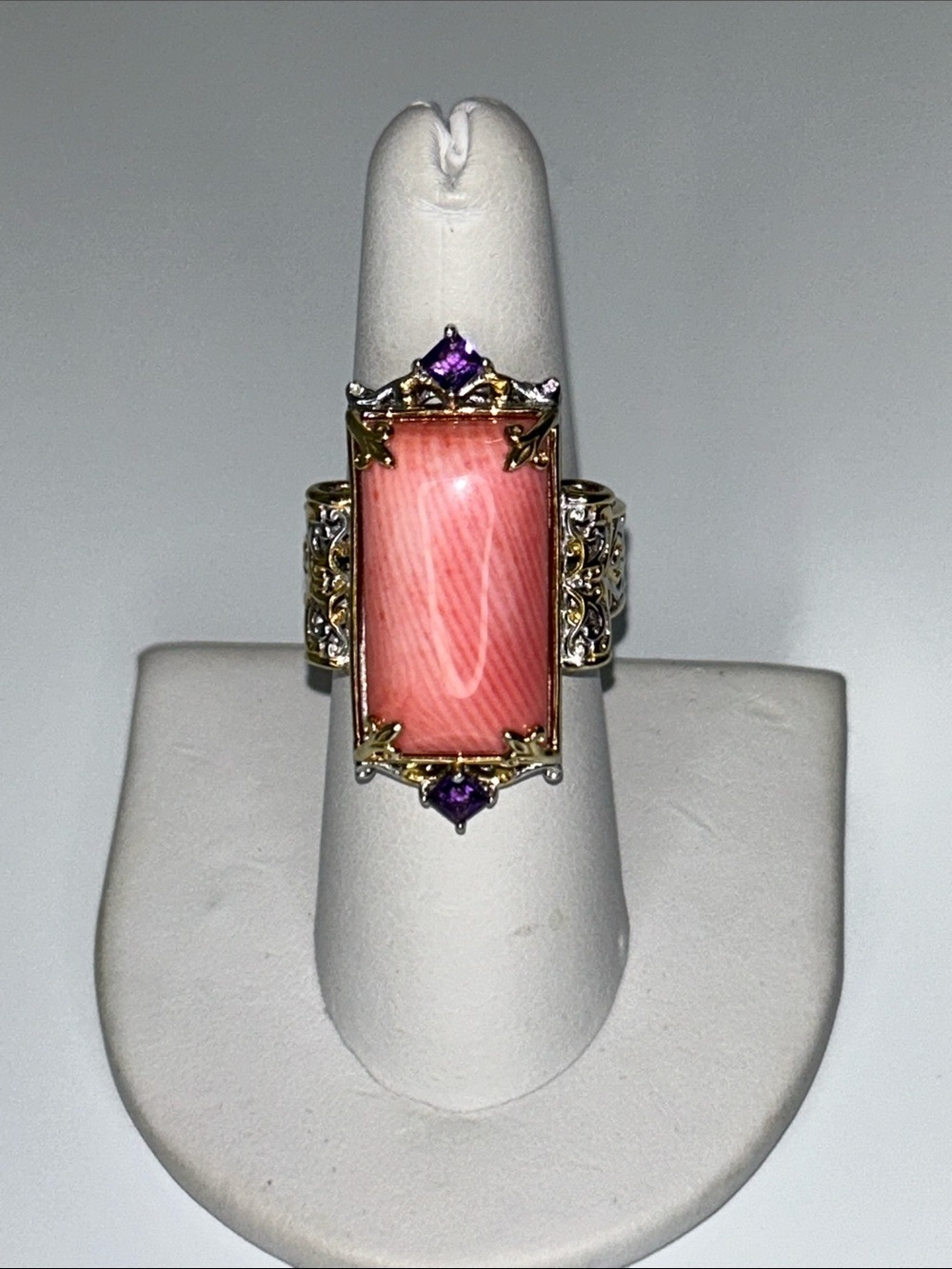 Gems En Vogue Genuine Coral & Amethyst Gemstone Designer Statement Ring